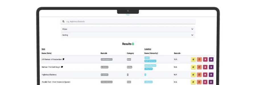 Wide screenshot of bring.order2chaos web app showing search, filters, and an inventory list.