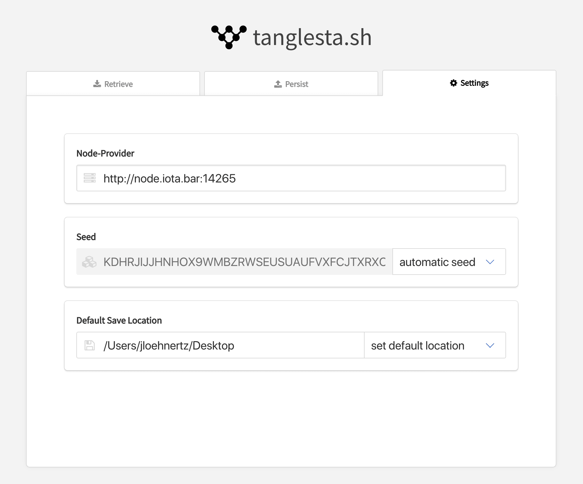 Tanglestash settings interface